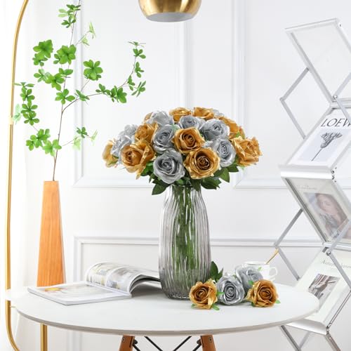 Tifuly Roses Artificial Flowers - 12 pcs Realistic Long Stems Fake Roses Mashup Style Silk Flowers for DIY Bouquets Wedding Centerpieces Arrangements Home Party Decor（Gold & Sliver） - color: Gold & Silver