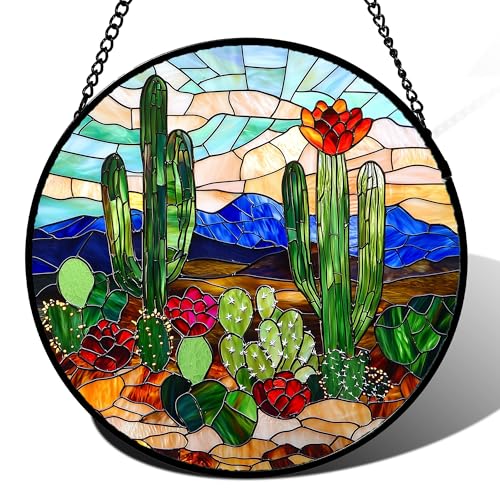 DASTOLL Stained Glass Window Hanging, Green Cactus Suncatcher for Doors Window Home Plant Landscape Sun Catchers Decoration Mother's Day Birthday Gifts for Women, Men, and Mom 11.8 in - color: Green Brown, size: 11.8x11.8 IN