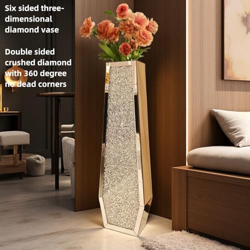 36" Extra Tall Double Sided Crushed Diamond Vases,Six Sided Three-Dimensional Diamond Vase,Extra Large Mirrored Silver Crystal Vase for Home,Office,Hotel(10.6" Lx5.37 W x 36" H) - size: Crushed Diamond:10.6''L X 5.37''W X 36''H