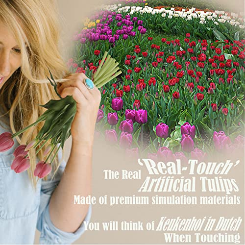 20pcs Artificial Tulip Flowers,16 Inch Real Touch Tulip Stems with Faux Leaves, Faux Tulips and Buds for Home Décor Centerpiece Ornament Wedding Bouquet,Purple - color: Purple