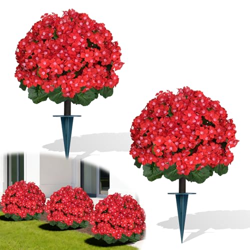 2Pcs Artificial Ball Topiary Trees, Red Fake Shrubs Bushes with Ground Spike, Faux Evergreen for Porch Plants, UV Resistant Artificial Flowers for Outdoors Indoor Front Garden - color: Red Crabapple Blossoms