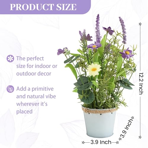 Artificial Flowers Potted, 12.2'’ Flower Arrangement w/Daisy & Lavender in Metal Pot, Fake Plants for Home Wedding Restaurant Dinner Decoration Shelf Table, Purple & Green - color: Purple 02