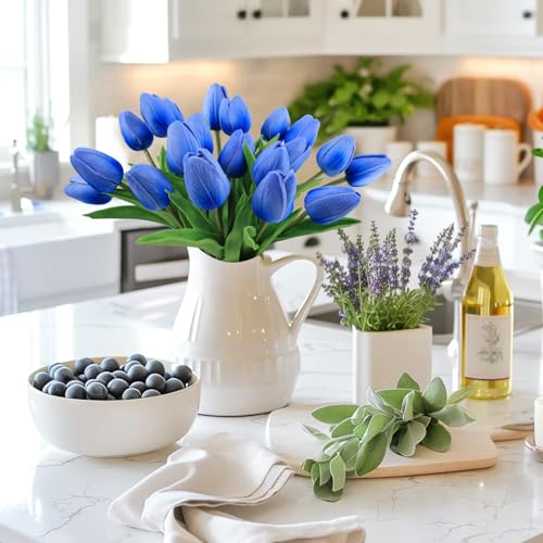 Beferr 18pcs Tulips Artificial Flowers Faux Tulip Real Touch Fake Flowers Bouquets Arrangements for Mothers Day Easter Spring Flowers Gifts Home Table Decor Blue - color: R-18pcs-1colors-blue, size: 18PCS