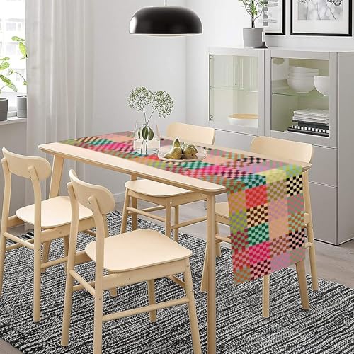 Retro Groovy Table Runner Vintage Hippie Plaid Funky Colorful Geometric Checkered Dinner Runner for Country Farmhouse Kitchen Birthday Party Holiday 36X13inch - color: Checkered-13, size: L36"x W13"