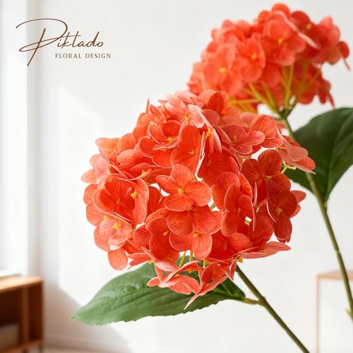 A Bunch 20in, Real Touch Hydrangea Artificial Flowers, with 5pcs Flower Head 8pcs Leaves, Faux Hydrangea Flowers for Home Office Decor Wedding Party Arrangements (1, Orange-red) - color: Orange-red, size: 1 Bunch