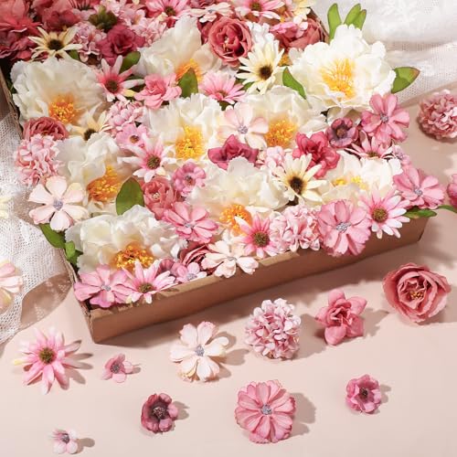 Thiccywoov 250 Pcs Artificial Flowers Heads Bulk Mini Silk Mix Flowers Fake Peony Daisy Rose Multicolor for Blossom Wreath Bouquets Wedding Home Decorations Party Craft Garland DIY(Pink) - color: Pink