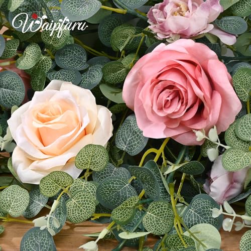 Waipfaru Artificial Flower Garland with Lights, 6.07Ft Lighted Eucalyptus Greenery Garland, Pink Rose Floral Vines for Wedding Table Runner Centerpieces Backdrop Decor - color: Dusty Pink-lights-6.07ft, size: 1 Pack