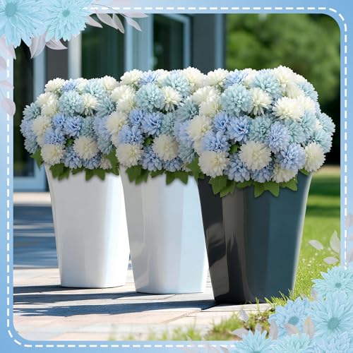 XunYee 12 Pcs Blue Artificial Flowers for Outdoor Decorations Spring Faux Chrysanthemums Mums Blue White Fake Flowers for Outside Garden Porch Window Patio Vase Table Wedding Home Decor - color: Blue