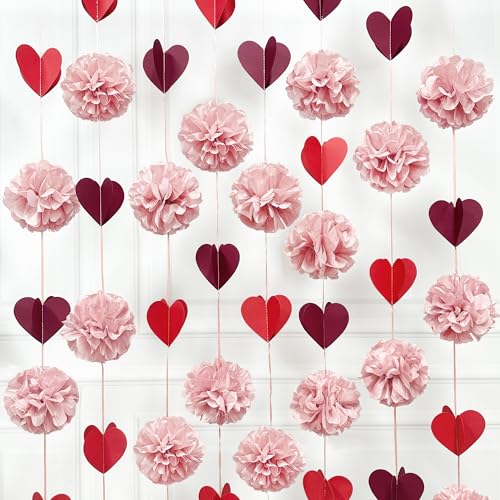 Dusty Rose Pink Party Decoration Tissue Flowers Pom Pom with Burgundy Red 3D Heart Hanging Paper Garland Banner Streamer for Valentines Day Birthday Baby Shower Wedding Bridal Shower Party Supplies - color: Burgundy Red Heart