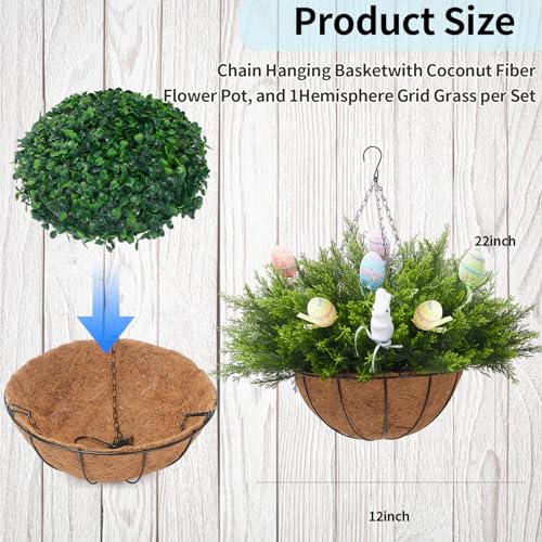 Artificial Easter Hanging Basket - 24 Cedar Branches, 12 Decorative Eggs & 2 Bunny - Easter Porch Decor for Patio, Home, Spring Outdoor/Indoor Hanging Planter 22-Inch 2PCS