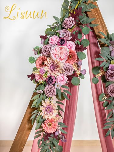 Lisuun Artificial Wedding Arch Flowers with Chiffon Runner, Pack of 3 | Includes 2 Flower Swags, 1 20ft Chiffon Runner and Zip Ties for Wedding Arches, Arbors and Backdrops - color: Dusty&blush