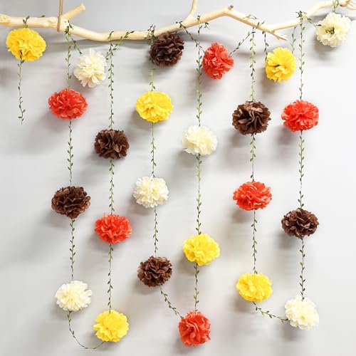 Fall Party Decorations Orange Yellow Brown Beige Tissue Paper Flowers Pom Pom Leaf Ribbon Hanging Garland Streamer for Thanksgiving Harvest Birthday Bachelorette Baby Shower Wedding Party Supplies - color: Fall