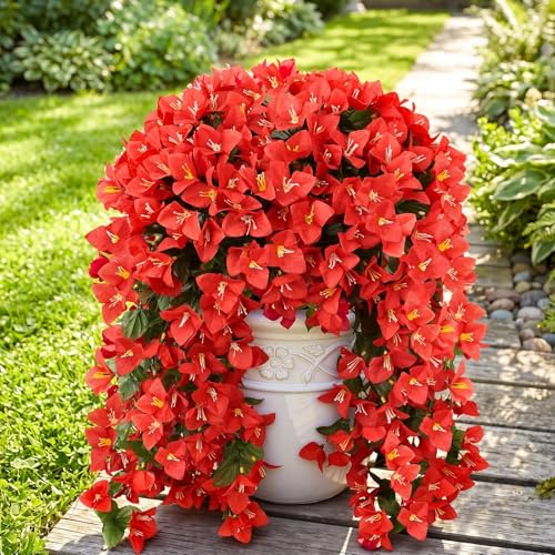 ATTGREAT Artificial Bougainvillea for Outdoors Faux Plants UV Resistant Flowers Fake Plastic Plants Realistic Silk Flowers for Porch Planter Garden Outside Hanging Decoration, 2Pcs (Red) - color: Red