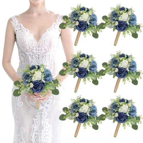 Navy & Blue Bridesmaids Bouquets Set of 6-7 Inch Artificial Flowers Bridesmaid Bouquet for Wedding Pre-Made Rustic Rose Small Floral Bouquets for Bridal Shower Marriage Proposal Party Anniversary - color: Navy & Blue, size: 6pcs