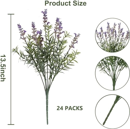 Coreland 24PCS Lifelike Artificial Lavender Flowers, Fake Lavender Plants Shrubs for Wedding Bouquets, Realistic Faux Flowers UV Resistant for Indoor Outdoor Home & Garden Greenery Decor - color: Purple-24pcs