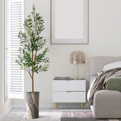 Artificial Tree in Geometric Pattern Planter, Fake Olive Silk Tree for Indoor and Outdoor Home Decoration - 68" Overall Tall (Plant Pot Plus Tree) - style: Olive Tree
