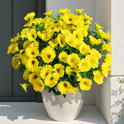 Yellow Artificial Morning Glory Flowers for Outdoor Planters, Premium UV Resistant Silk Faux Flowers for Porch, Hanging Basket & Window Box, Spring Garden Decor, No Pot, 13.3 Inch, 8 Bundles - color: Yellow 8pcs