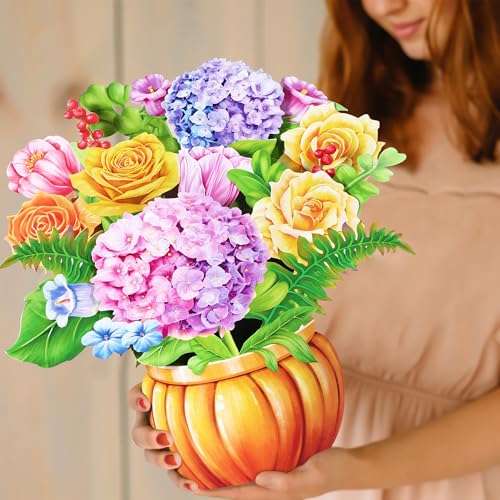 Airpark 3D Pop Up Paper Flowers Bouquet Card 12’‘ with Note & Envelope, Birthday Gifts, Get Well, Thank You, Greeting Cards for Women Mom Wife Friends, Nobility Hydrangeas Rose - style: Rose Hydrangea Pumpkin