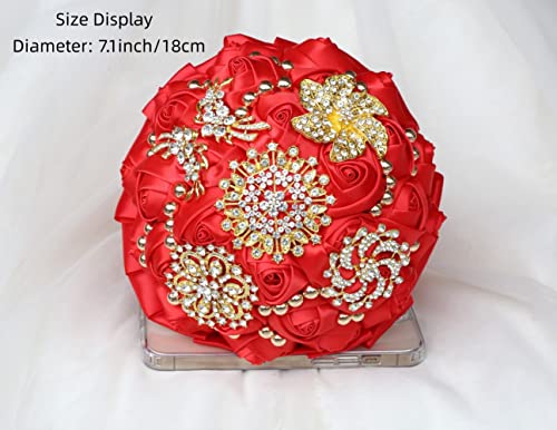 Red Bridal Wedding Bouquet Luxury Gold Rhinestone Brooch Bouquet for Bride Bridesmaid Quinceanera Satin Red Rose Artificial Flower Bouquet Wedding Red 7.1in,Bouquet3218G-Red18 - color: Red, size: Diameter: 7.1 inches