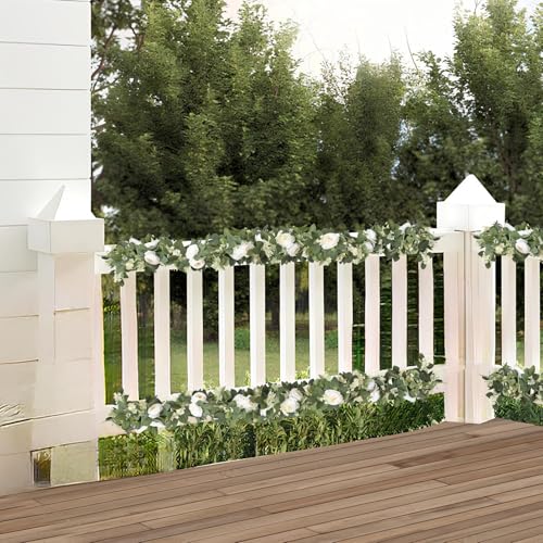 MAKHOT 2Pack White 6.6 Ft Eucalyptus Garland with Lovely Faux Rose Flowers, Artificial Eucalyptus and Rose Garlands Decor, Floral Greenery Garland for Wedding Home Table Decor (White) - color: White-2pcs