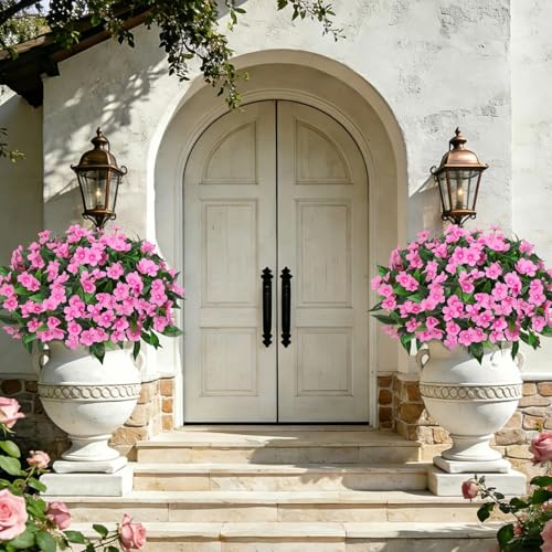Roberly 6 Bundles Artificial Flowers for Outdoors, Faux Silk Catharanthus Roseus Flowers Bouquet Fake Greenery Plant for Spring Summer Garden Patio Porch Window Box Table Home Decor, Pink - color: Pink