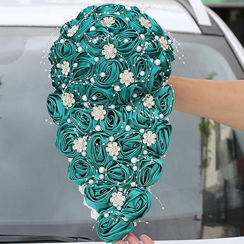 Luxury Cascade Bridal Wedding Bouquet Satin Rose Waterfall Holding Bouquet Artificial Flower Bunch for Bride Bridesmaid(Dark Green, 17.3" x 8.7") - color: Dark Green #2, size: 17.3"L x 8.7"W(44cm x 22cm)