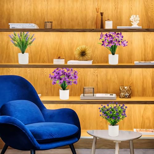 4 Pack Artificial Flowers in Pots, Mini Fake Potted Plants Small Faux Flowers for Indoor Decor, Purple Spring Tabletop Centerpieces for Bathroom Office Desk Shelf - color: Purple, size: 4 Pcs