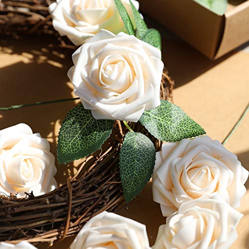 AmyHomie Artificial Flower Champagne Rose 25pcs Real Looking Fake Roses w/Stem for DIY Wedding Bouquets Centerpieces Arrangements Party Baby Shower Valentines Day Christmas Tree Decorations - color: Champagne