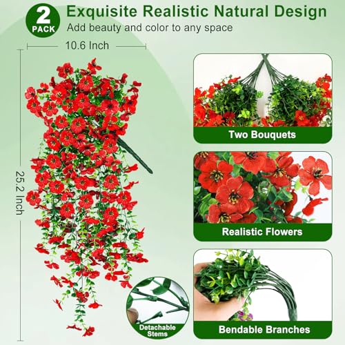 Artificial Hanging Flowers for Outdoors Decorations 2 Pack, Fake Hanging Flowers, UV Resistant Artificial Hanging Plants Outdoors for Home Porch Patio Balcony Baskets Yard(Red) - color: Red