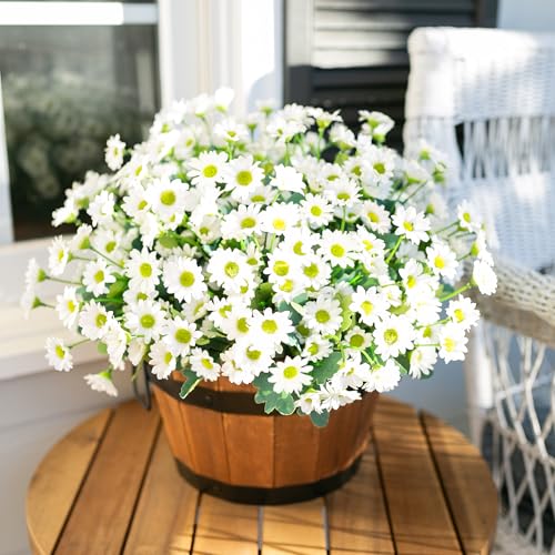 Daisy Artificial Flowers for Outdoors Decoration, 6 Bundles Fake Plants Flowers Bouquet Faux Flowers for Outdoor Planter Look Real UV Resistant Silk Flowers for Outside Front Door Porch Patio, White - color: White-6 Bundles