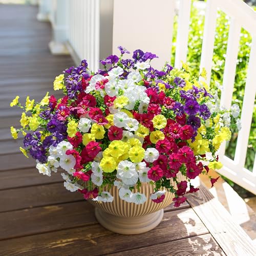HyeFlora Artificial Flowers for Outdoors Fake Plants Outside Decoration, 12 Bundles Silk Colorful Morning Glory with Eucalyptus UV Resistant Realistic Faux Flowers for Planter Front Door Garden Yard - color: Multi Color(3 Purple, 3 Fuchsia, 3 White, 3 Yel