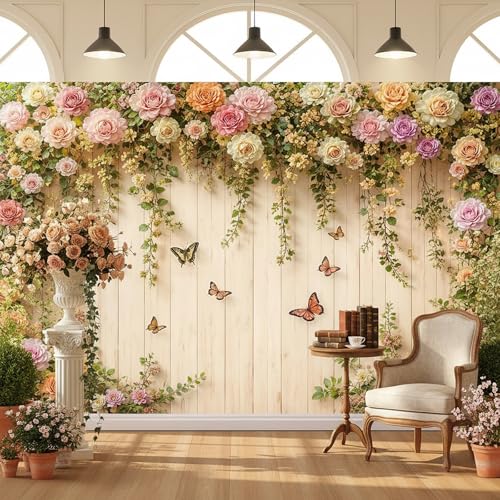 JAWO 5X3ft Floral Wooden Backdrop Multicolor Roses Vines Butterfly Photo Background Vinyl Fabric Indoor Outdoor Wedding Bridal Shower Baby Shower Birthday Engagement Party Decor Photo Booth Prop - color: Beige, size: 5X3