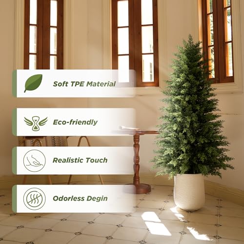 2 Pack 4ft Artificial Cedar Trees for Outdoors (UV Resistant), Potted Faux Cedar Topiary Plants for Front Porch, Realistic Evergreen Shrub for Entryway & Patio Decor - size: 4FT
