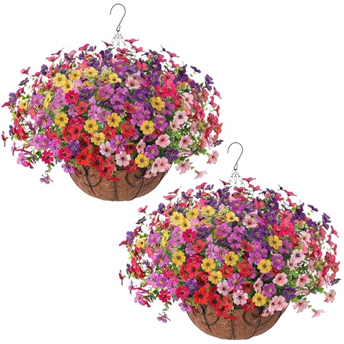 HyeFlora 2 Set Artificial Outdoor Flowers Hanging Basket, Faux Hanging Plants for Outside Spring Decoration, Fake Silk UV Resistant Look Real Daisy for Porch Patio Home Decor - color: 6 Multicolor