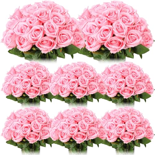 Hotop 80 Pcs Rose Artificial Flowers Bulk with Long Stem, Silk Roses Realistic Fake Flowers Bouquet for Wedding Table Centerpieces Bridal Shower Party Home Decorations(Pink) - color: Pink