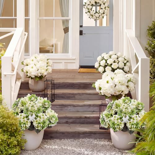 Janinka 2 Pcs Light Green Outdoor Artificial Hydrangea Stem Large Faux Hydrangea Bushes with 5 Heads Uv-Resistant Waterproof Outdoor Faux Floral for Porch Wedding Yard Garden Decorations - color: Light Green