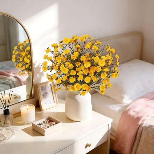 UV Resistant Yellow Daisy Artificial Flowers Lush 4 Bouquets Silk Fake Daisies, 14" UV Protected Faux Daisy Flowers for Indoor & Outdoor Vase, Planter, Floral Arrangements, Centerpieces, Wedding Decor - color: Yellow