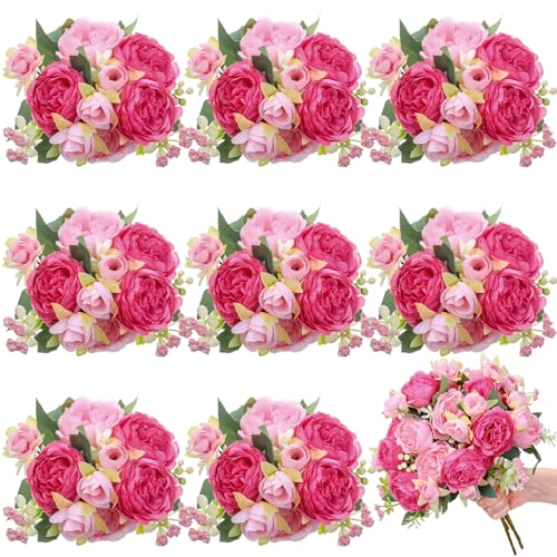 8 Bundles Artificial Peonies Flowers Boho Faux Flowers Arrangements Artificial Centerpiece Spring Bouquet Floral Wedding Decoration for Vase(Pink Series) - color: Pink Series