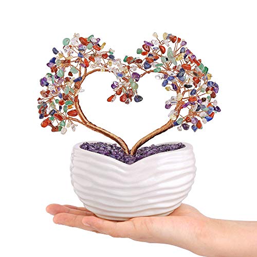 Jovivi 7 Chakra Healing Crystal Heart Money Tree Healing Gemstone Bonsai for Wedding Ceremony Reiki Balancing Energy Meditation Feng Shui Wealth & Good Luck Home Indoor Office Decor 7.87"-8.26" - color: 7 Chakra