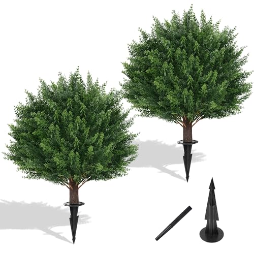 Yangrass Artificial Set of 2 Cedar Topiary Ball Trees 23" for Outdoors with Ground Spike, UV Resistant Faux Cypress Plants, Evergreen Shrubs Bushes for Front Porch Garden Backyard Decor - color: Cedar