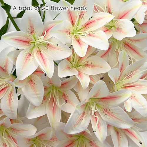 Daily Treasures 2Pack Artificial Lily Flowers, Faux Tiger Lily Bouquets with 10 Heads per Stem (2 Stems, 20 Heads Total), Pink White Blooms, 17.7in Silk Lilies for Home Hotel Decor