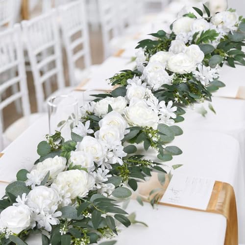 Lvydec 2 Pack Artificial Peony Flower Garland - 6ft Silk Peony Vine Willow Leaves and Eucalyptus Garland White Arch Flower Vine for Wedding Party Table Decoration (White) - color: White