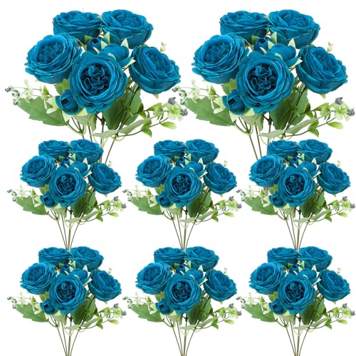8 Pack Teal Peonies Artificial Flowers, Faux Floral Fake Silk Hydrangea Bouquet for Bridal Wedding Home Table Decor Reusable Dining Opening Ceremony Birthday Arrangement - color: Teal
