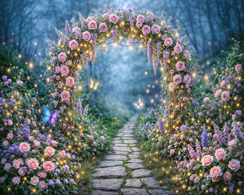 6x4ft Enchanted Forest Backdrop Fairy Tale Magic Garden Floral Arch Butterfly Photography Background for Kids Girls Baby Shower Birthday Party Decoration Photo Booth Props - color: Pink05, size: 6X4FT
