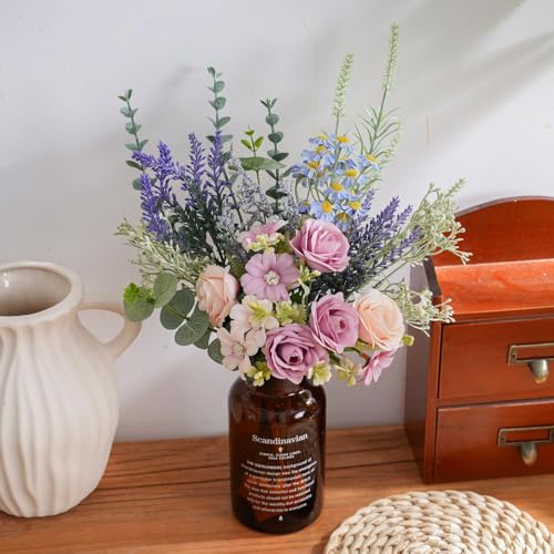 15 Inch Artificial Silk Flowers Bouquet with Roses, Eucalyptus, Baby's Breath, Daisies, Lavender, Sage & Chamomile - Realistic Faux Floral Arrangement for Home Decor Centerpiece - color: Spring