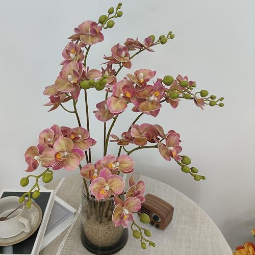 ATFL 8 Pack Pink and Green Orchid Artificial Flowers Real Touch, 22'' Artificial Fake Faux Silk Orchid Stem Bouquets for Wedding Party Home Garden Decor,Orquideas Artificiales para Decora - color: Pink and Green