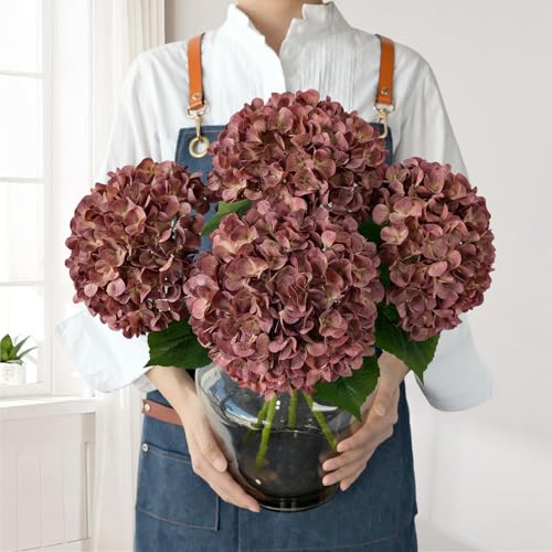 JINWOE Dark Coffee Silk Hydrangea Artificial Flowers, 4Pcs 22Inch Full Fake Artificial Hydrangeas with Stems for Bouquet Table Centerpieces Home Decoration Porch Outdoor - color: Dark Coffee