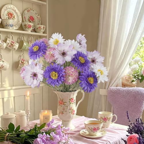 CISDUEO 4 Pcs Artificial Wildflowers Fake Cosmos with Long Stem Silk Flower Chrysanthemums Artificial Flowers Arrangements for Wedding Bridal Bouquet Table Centerpiece Outdoor Summer Spring Decor - color: Purple, White, Pink