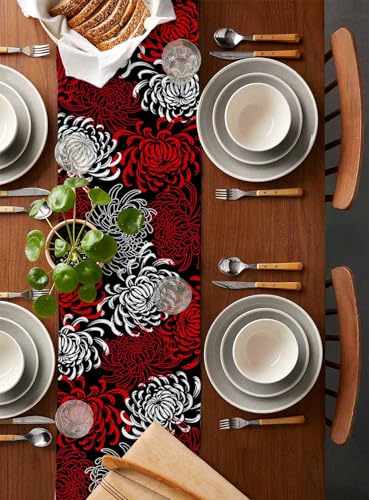 Floral Table Runner-Red Black White Cotton linen-Long 72 inche Dresser Scarves,Flower Tablerunner for Kitchen Coffee/Dining Table Bedroom Home Living Room,Scarf Decor for Summer Spring Holiday Dinner - color: Texturezld1111, size: 13x72 Inch