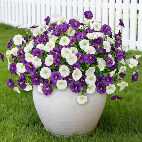 Artificial Flowers for Outdoors, 16 Bundles Mix Color Silk Faux Flowers Morning Glory UV Resistant Eucalyptus Plants Fake Petunias Plants for Porch Garden Planters Window Box Outside Indoor Decor - color: Purple White